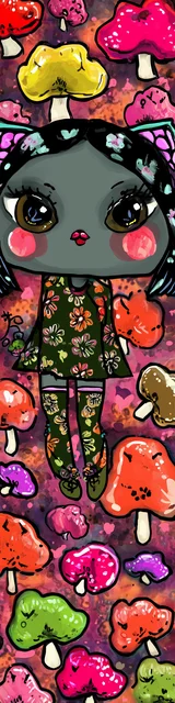 Free kawaii cats bookmark featuring a gray cat with red mushrooms